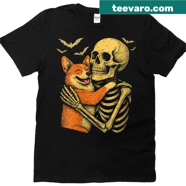 Cute skeleton hugging a corgi graphic on a women's Halloween t-shirt