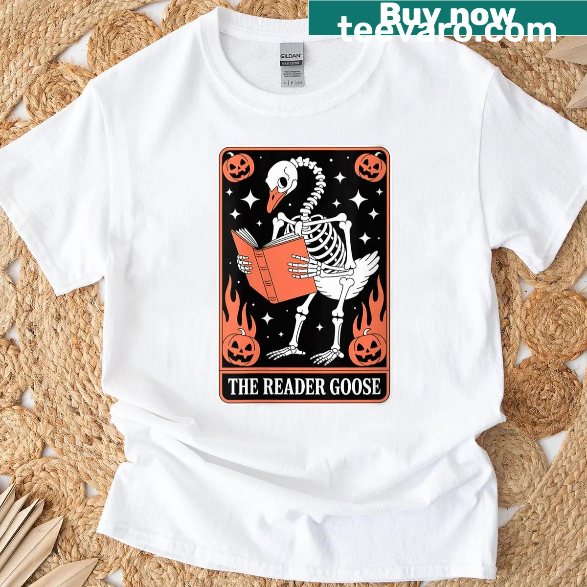 Halloween shirt featuring a skeleton reading a book about geese. — on a men's t-shirt