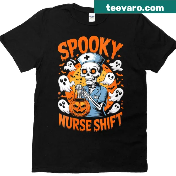 Nurse-themed Halloween t-shirt with skeletons and ghosts illustration