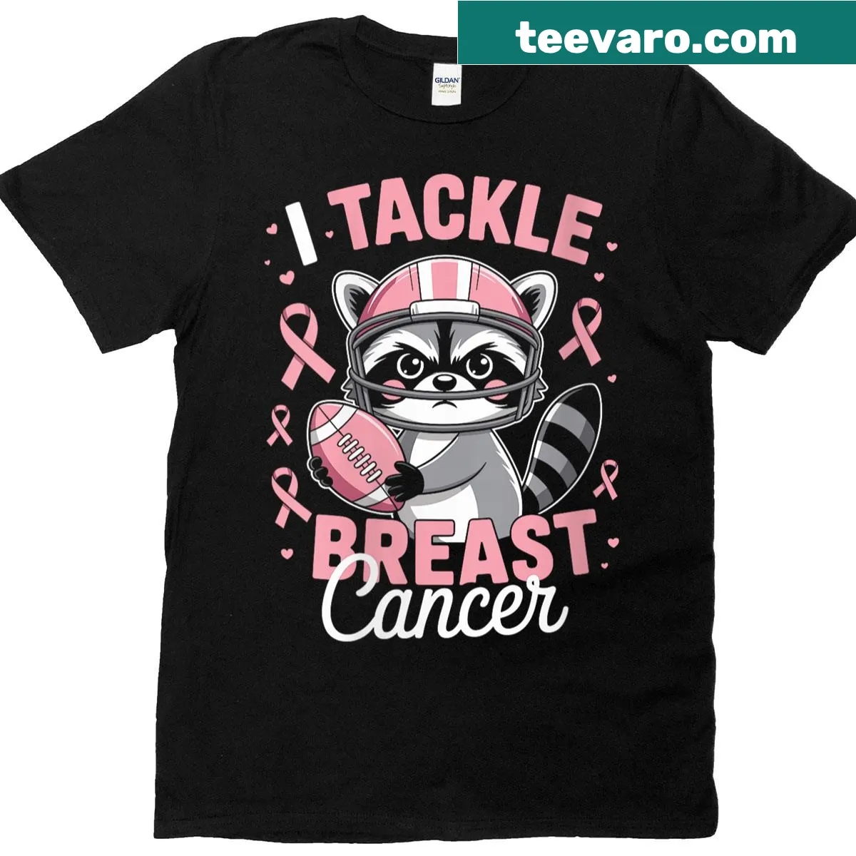 Cute breast cancer awareness t-shirt with a football raccoon illustration — on a men's t-shirt