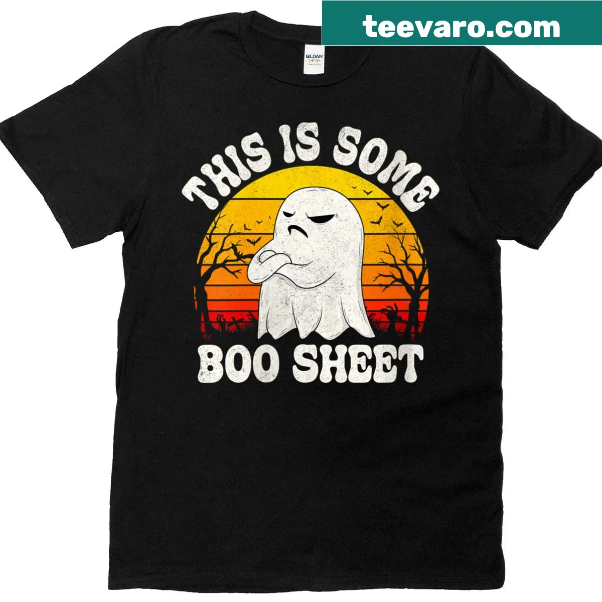 Vintage-style Halloween shirt with an angry ghost and 'This Is Some Boo Sheet' text — on a men's t-shirt