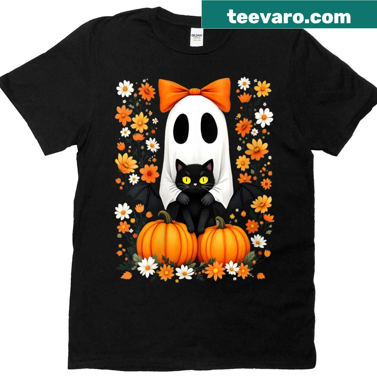 Vintage Halloween T-shirt with a ghost holding a bat-costumed kitten — on a men's t-shirt