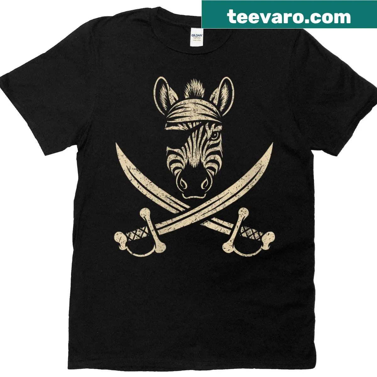 Vintage pirate zebra with crossbones graphic T-shirt — on a men's t-shirt