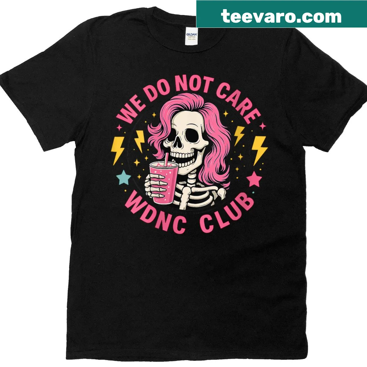 Skeleton graphic with 'We Do Not Care' text on a women's t-shirt — on a men's t-shirt