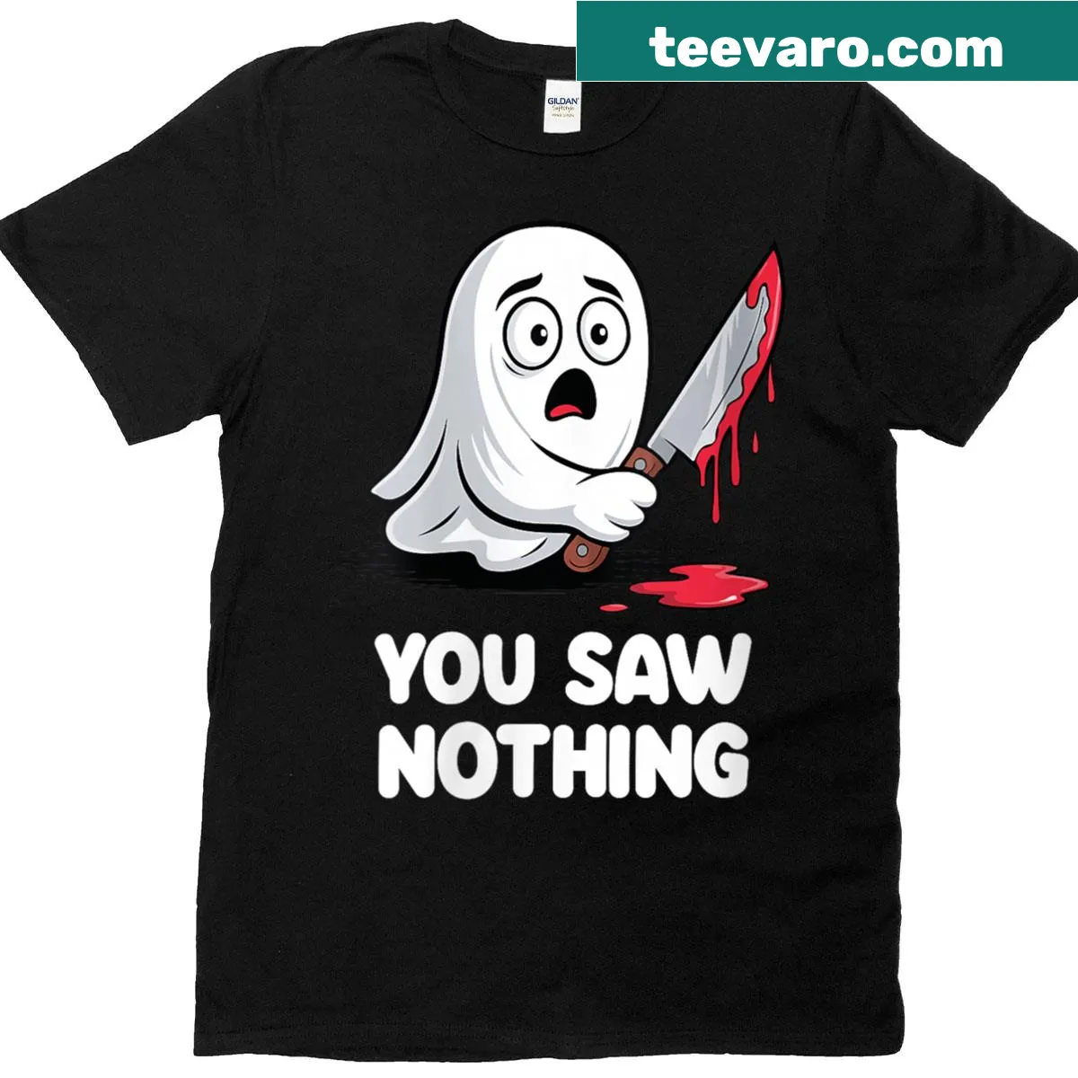 Cartoon ghost graphic with the phrase 'You Saw Nothing' on a women's t-shirt — on a men's t-shirt
