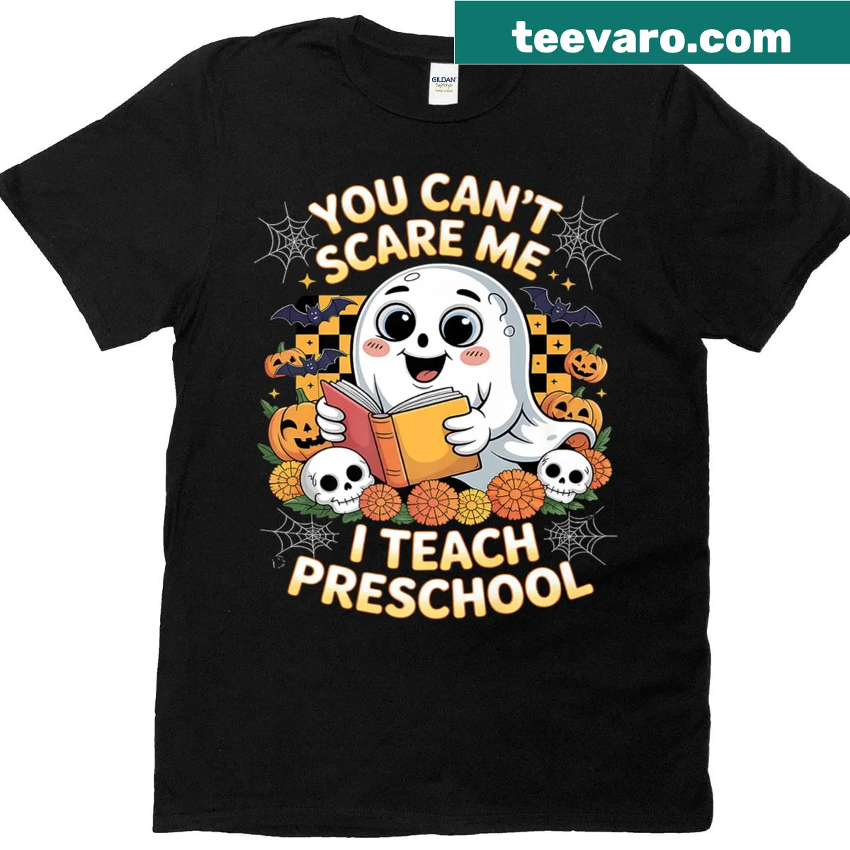Funny preschool teacher Halloween t-shirt with ghost graphic — on a men's t-shirt