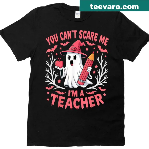 Funny Halloween t-shirt with a ghost graphic and teacher-themed phrase.
