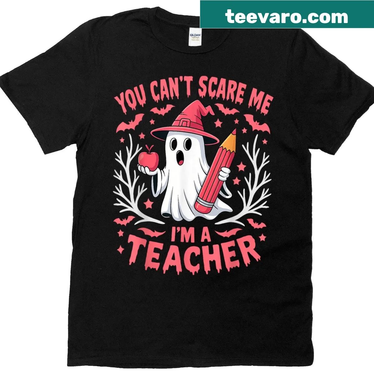 Funny Halloween t-shirt with a ghost graphic and teacher-themed phrase. — on a men's t-shirt