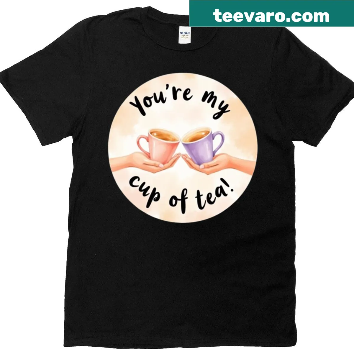 Cute T-shirt with hands holding a teacup and text about tea — on a men's t-shirt