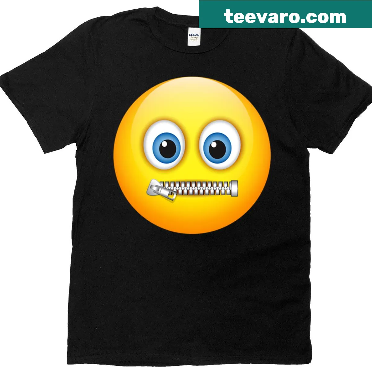 Cartoon zipper mouth face emoji graphic on a Halloween T-shirt — on a men's t-shirt