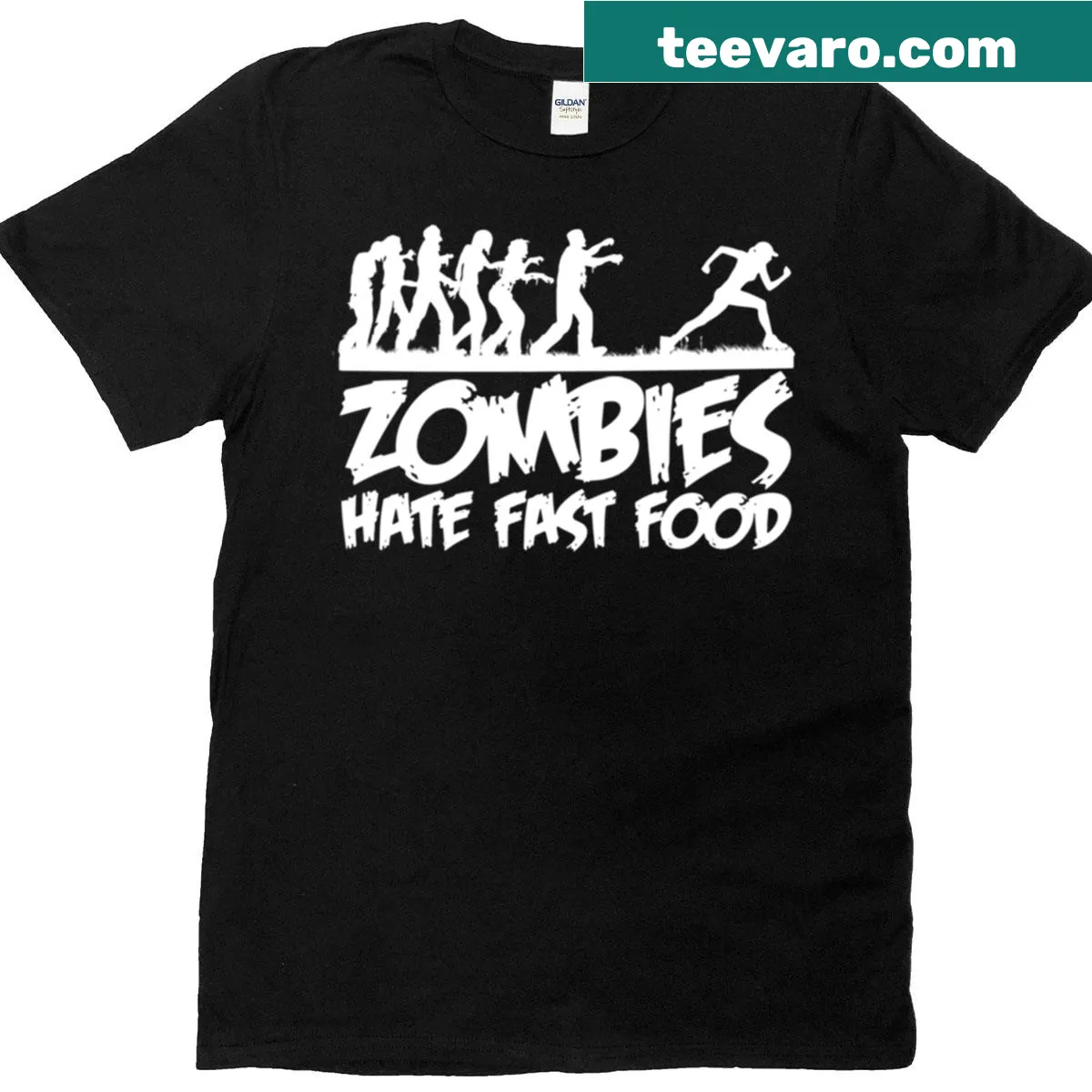 Funny Halloween t-shirt with a woman running from zombies and fast food theme — on a men's t-shirt