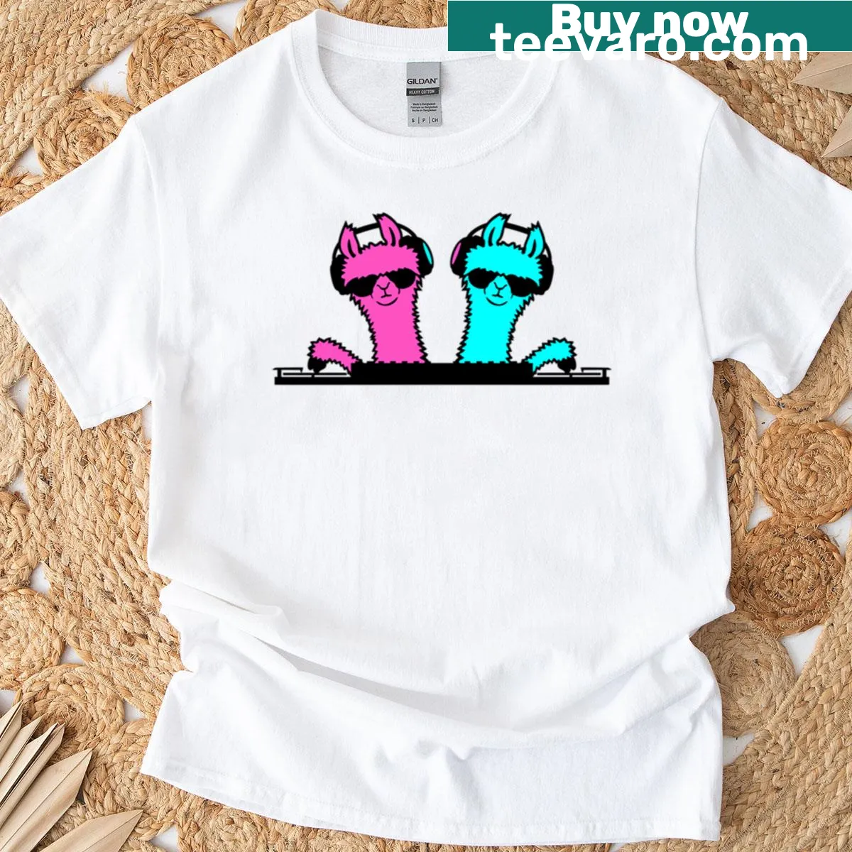 Cartoon T-shirt featuring a DJ llama with turntables and headphones — on a men's t-shirt