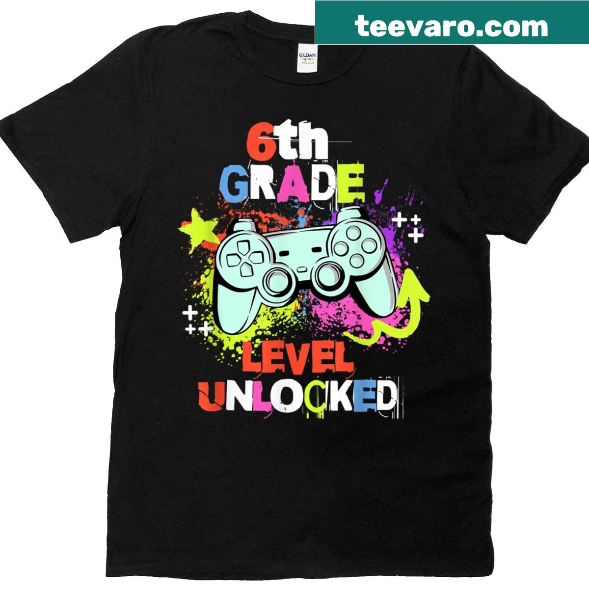 Funny gamer T-shirt celebrating 6th grade level unlocked for kids — on a men's t-shirt