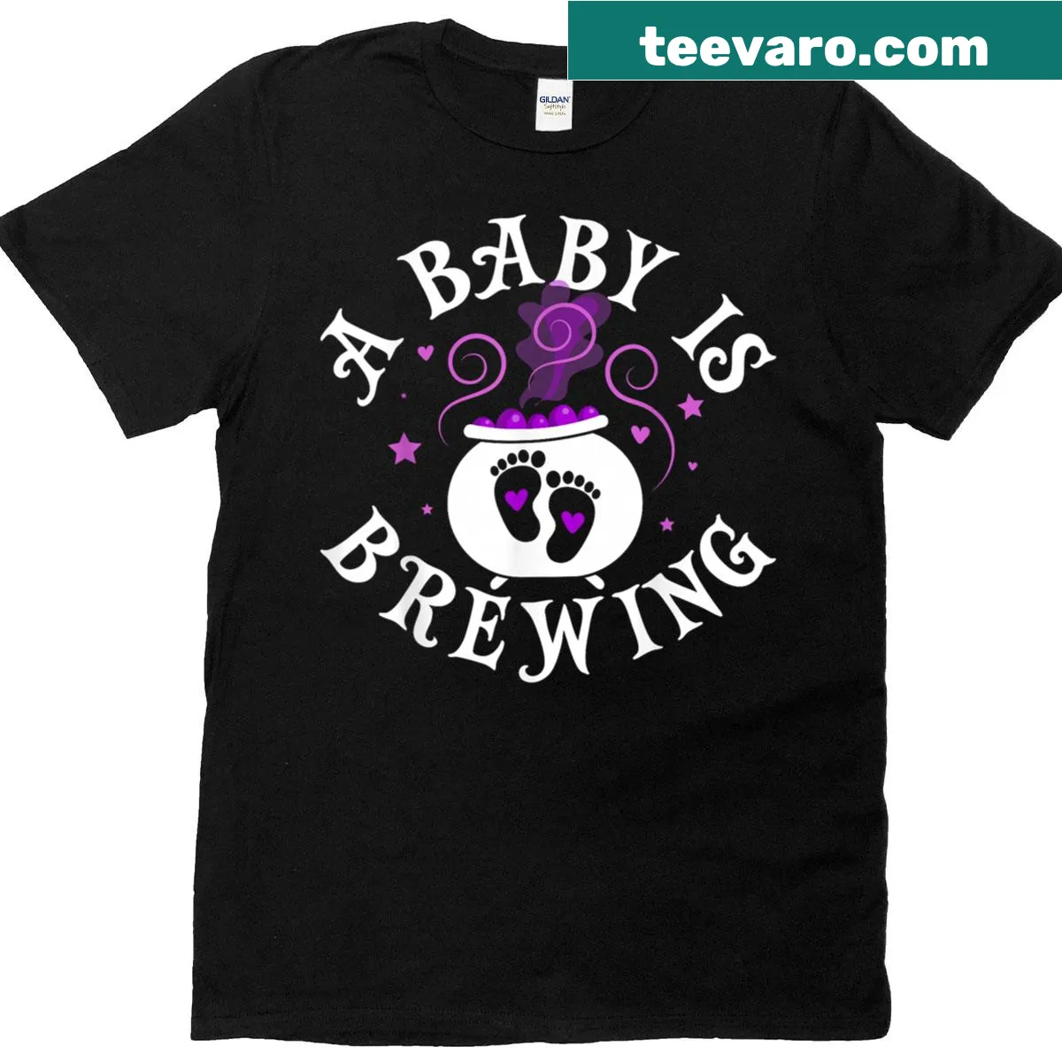 Illustrated black cauldron with 'A Baby Is Brewing' design for Halloween — on a men's t-shirt
