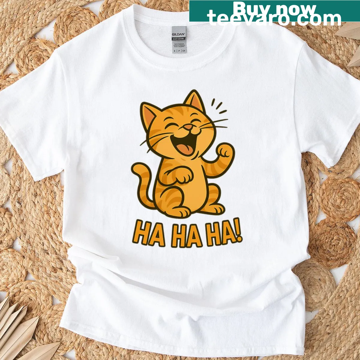 Cartoon cat laughing with pure joy graphic on T-shirt — on a men's t-shirt