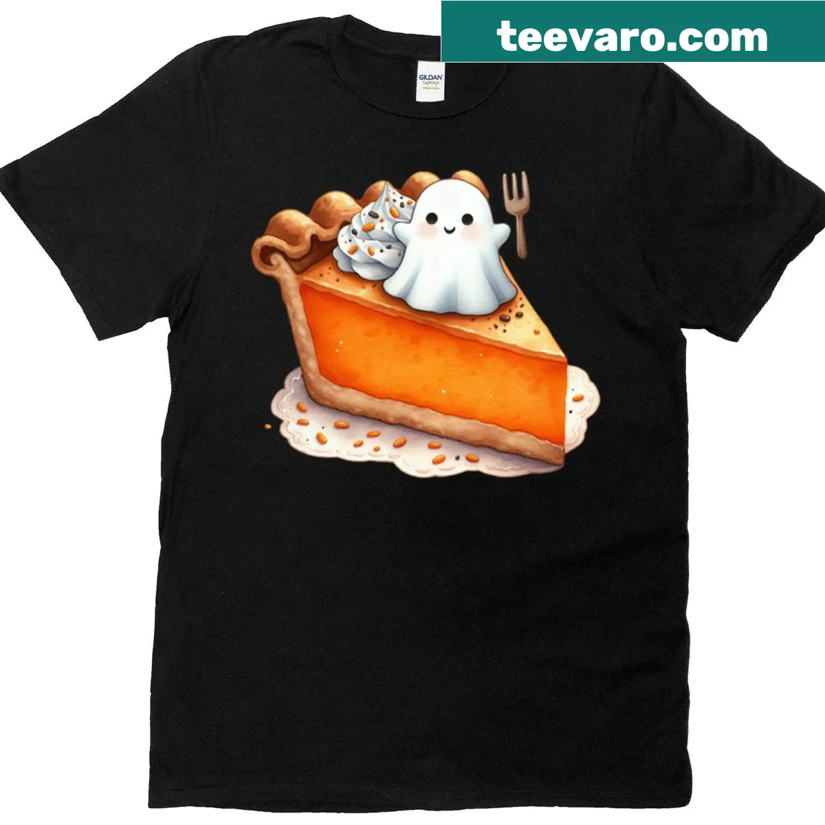 Cute ghost cartoon on pumpkin pie graphic t-shirt — on a men's t-shirt