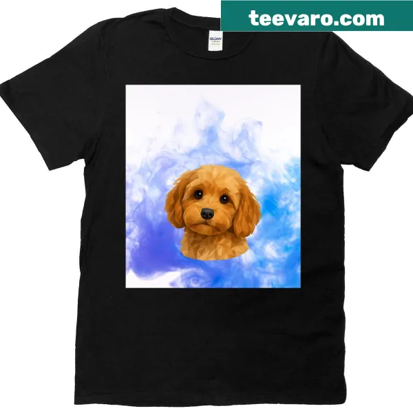 Adorable puppy portrait with blue watercolor splash on T-shirt