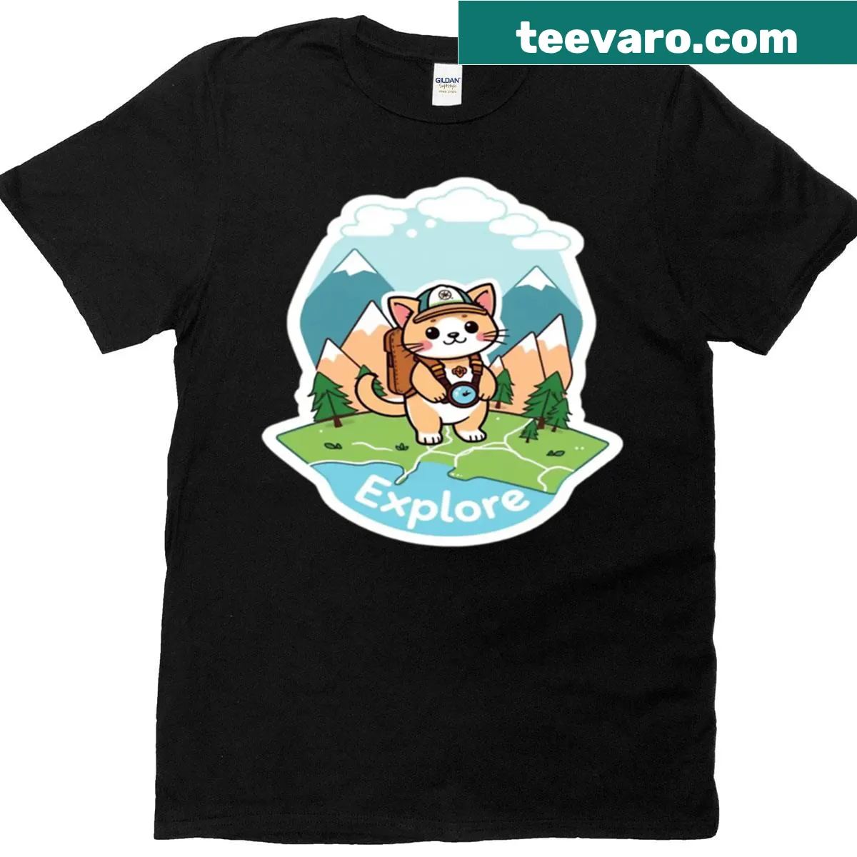 Kawaii adventure cat shirt with exploration theme — on a men's t-shirt