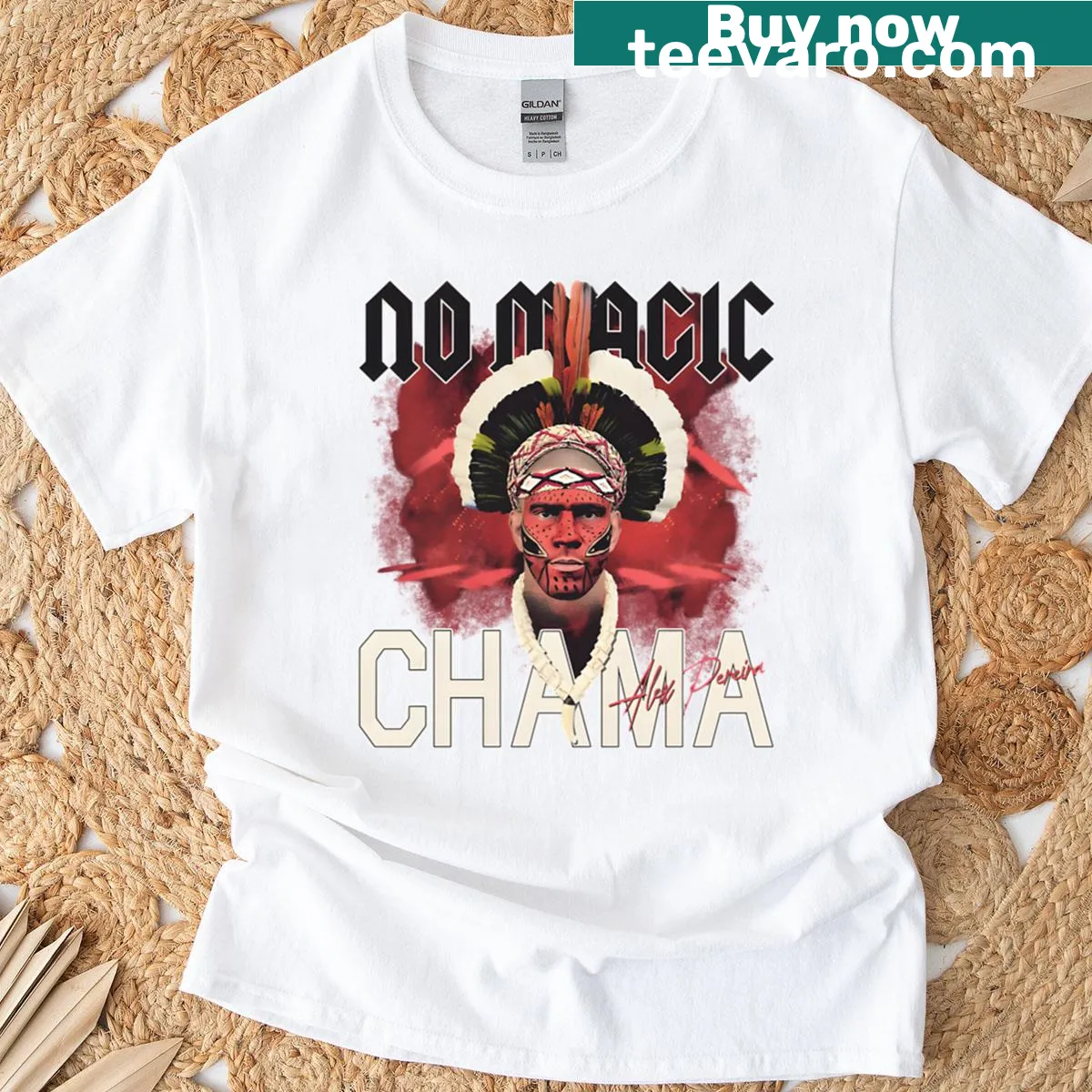 Typography design of 'No Magic Chama' graphic t-shirt — on a men's t-shirt
