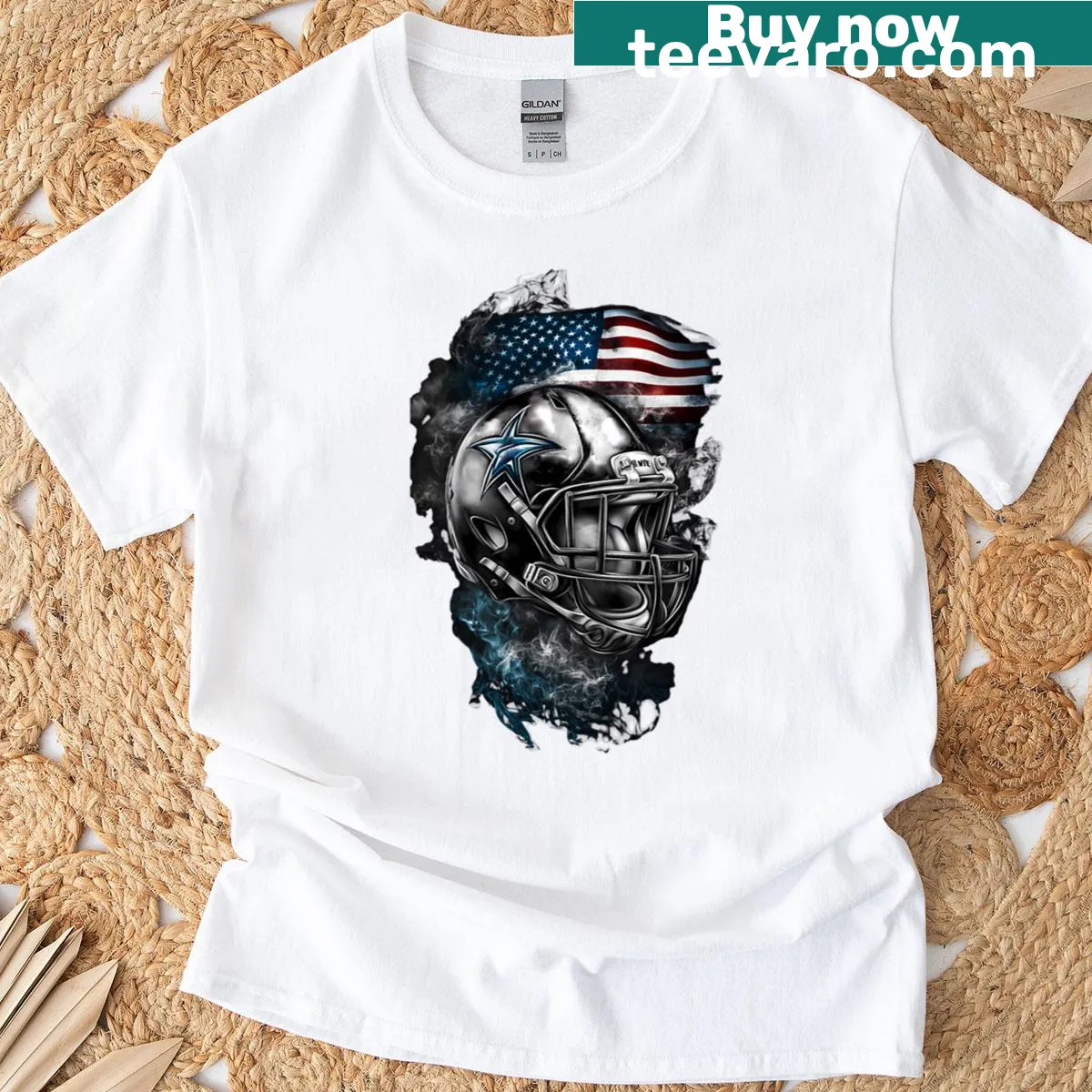 American football helmet with USA flag graphic t-shirt — on a men's t-shirt