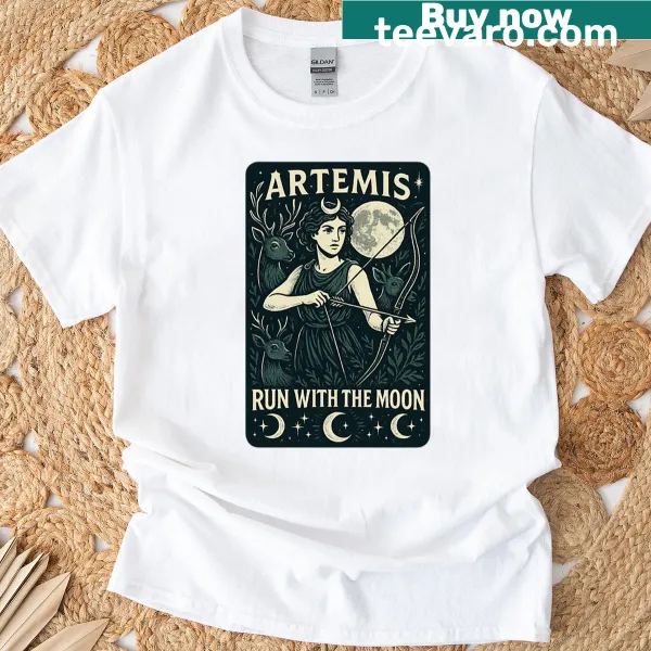 Illustration of Artemis running with the moon on a mythology-themed T-shirt.