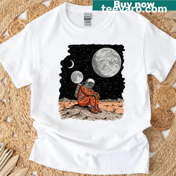 Astronaut surrounded by moons in a whimsical design