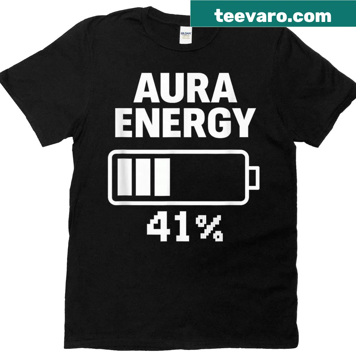 Text graphic tee reading 'Aura Energy Forty One Level' in playful typography — on a men's t-shirt