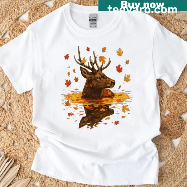 T-shirt with an autumn-themed deer graphic in a forest setting