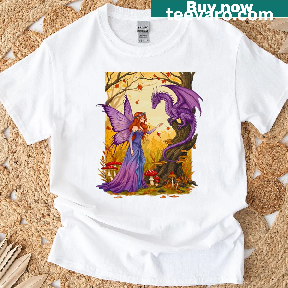 Illustrated autumn fairy with a purple dragon — on a men's t-shirt
