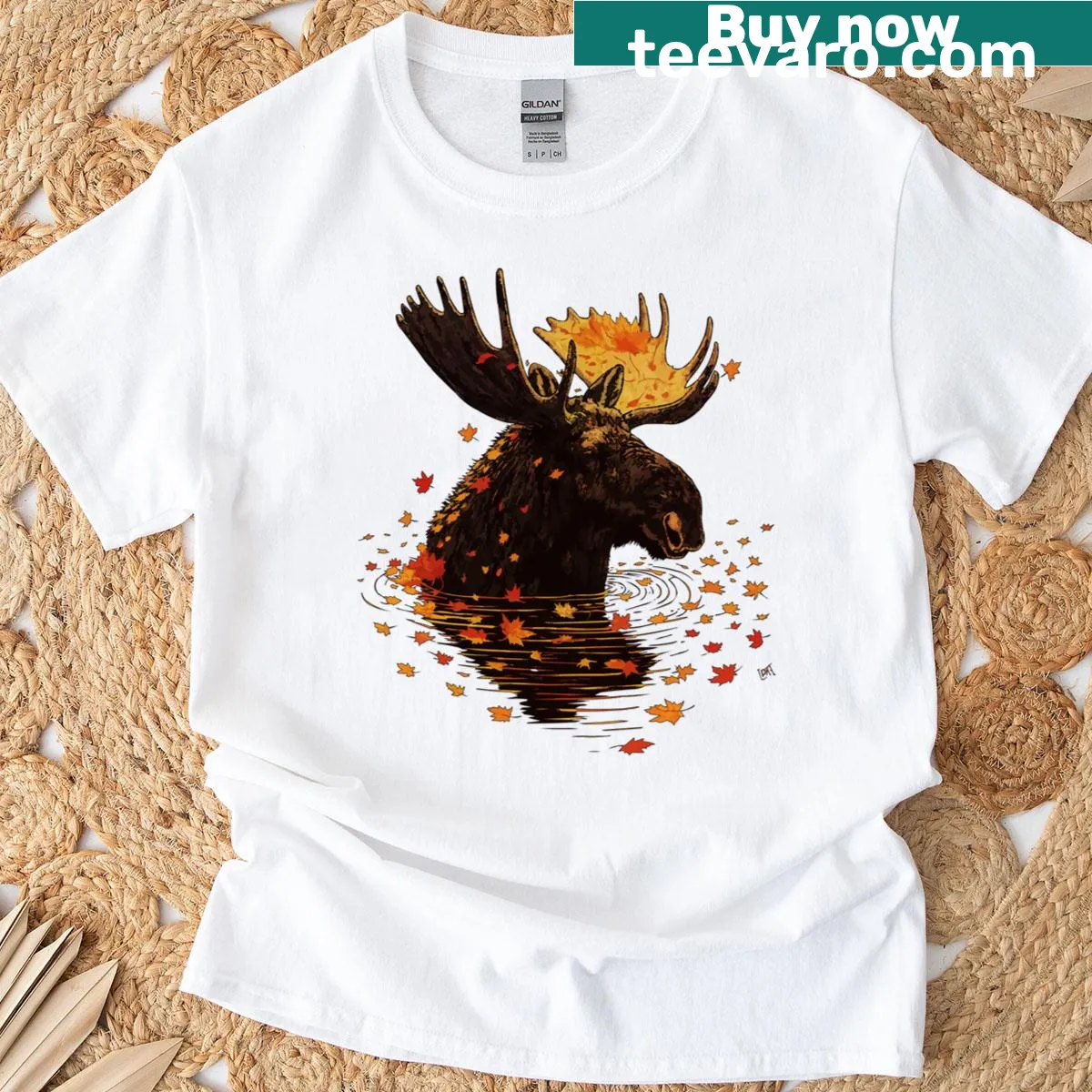 Autumn moose art with fall leaves graphic t-shirt — on a men's t-shirt
