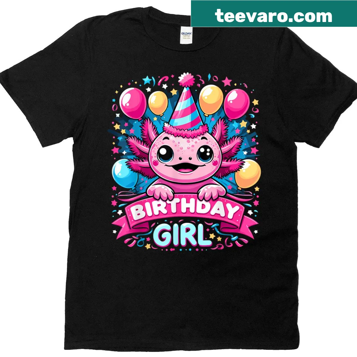 Illustrated T-shirt featuring cute axolotls for a birthday girl — on a men's t-shirt