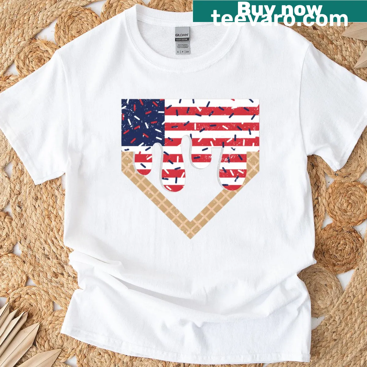 Patriotic illustration of a boy with ice cream and baseball — on a men's t-shirt