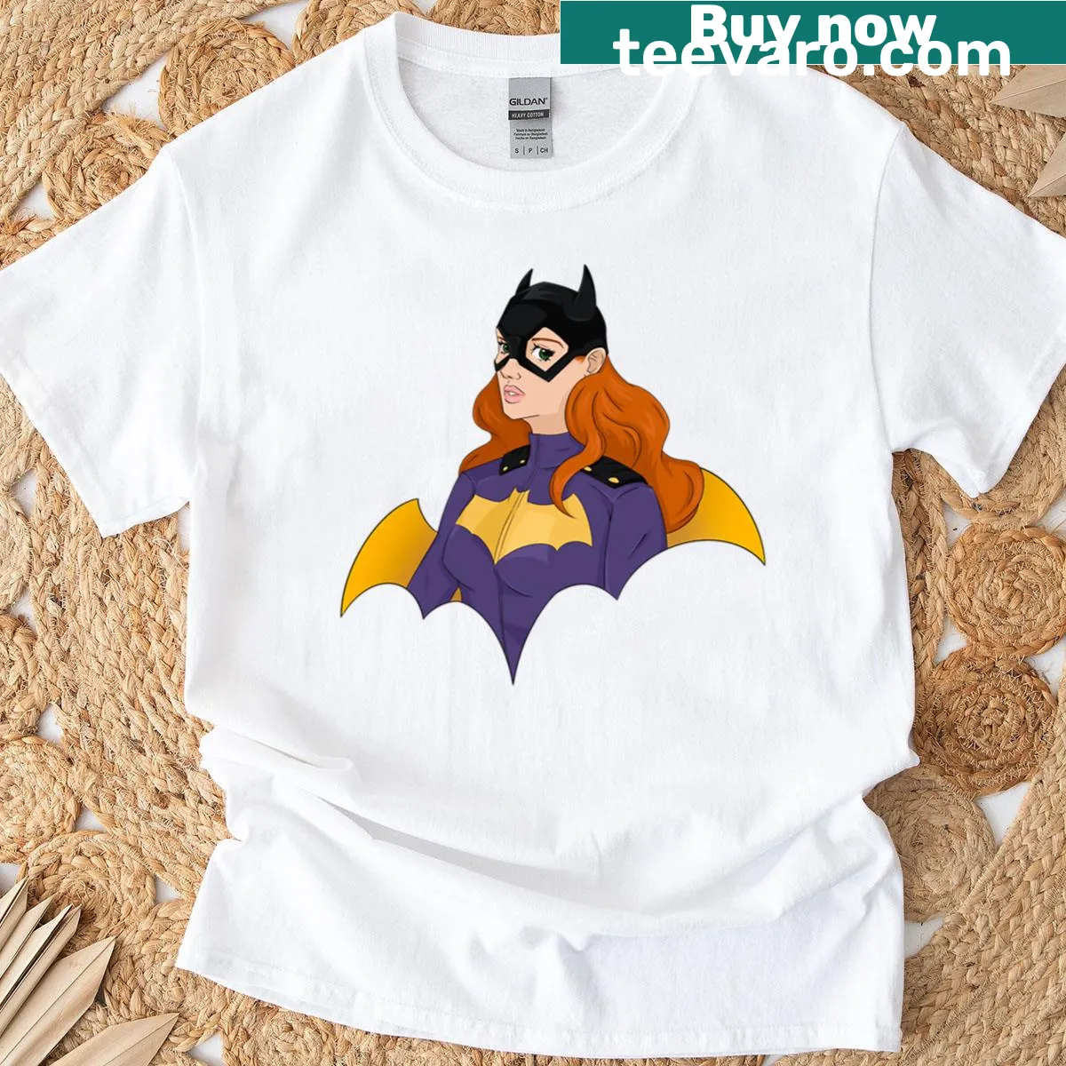 Illustrated Batgirl in a purple outfit on a t-shirt — on a men's t-shirt