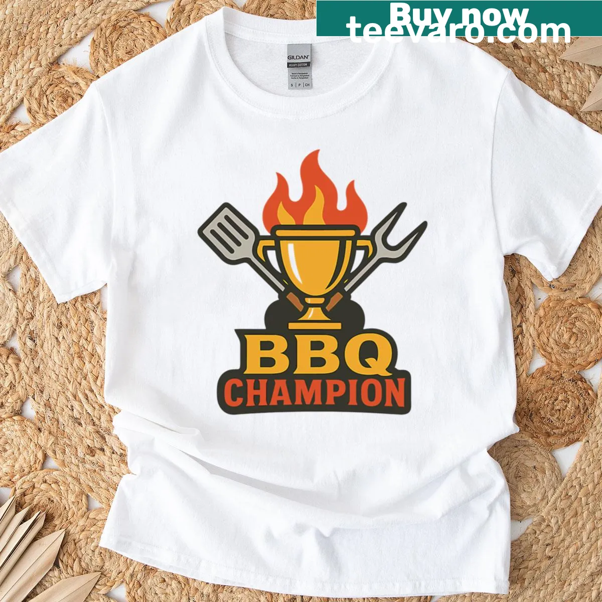 Funny BBQ Champion trophy graphic on a grilling shirt — on a men's t-shirt