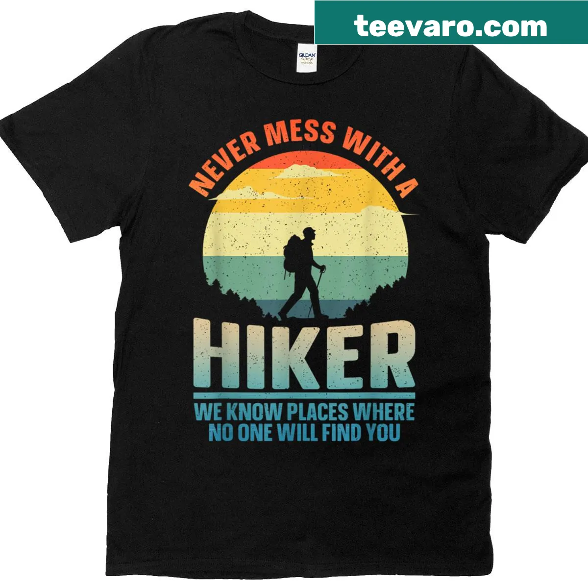 Artistic hiking t-shirt depicting scenic landscapes. — on a men's t-shirt