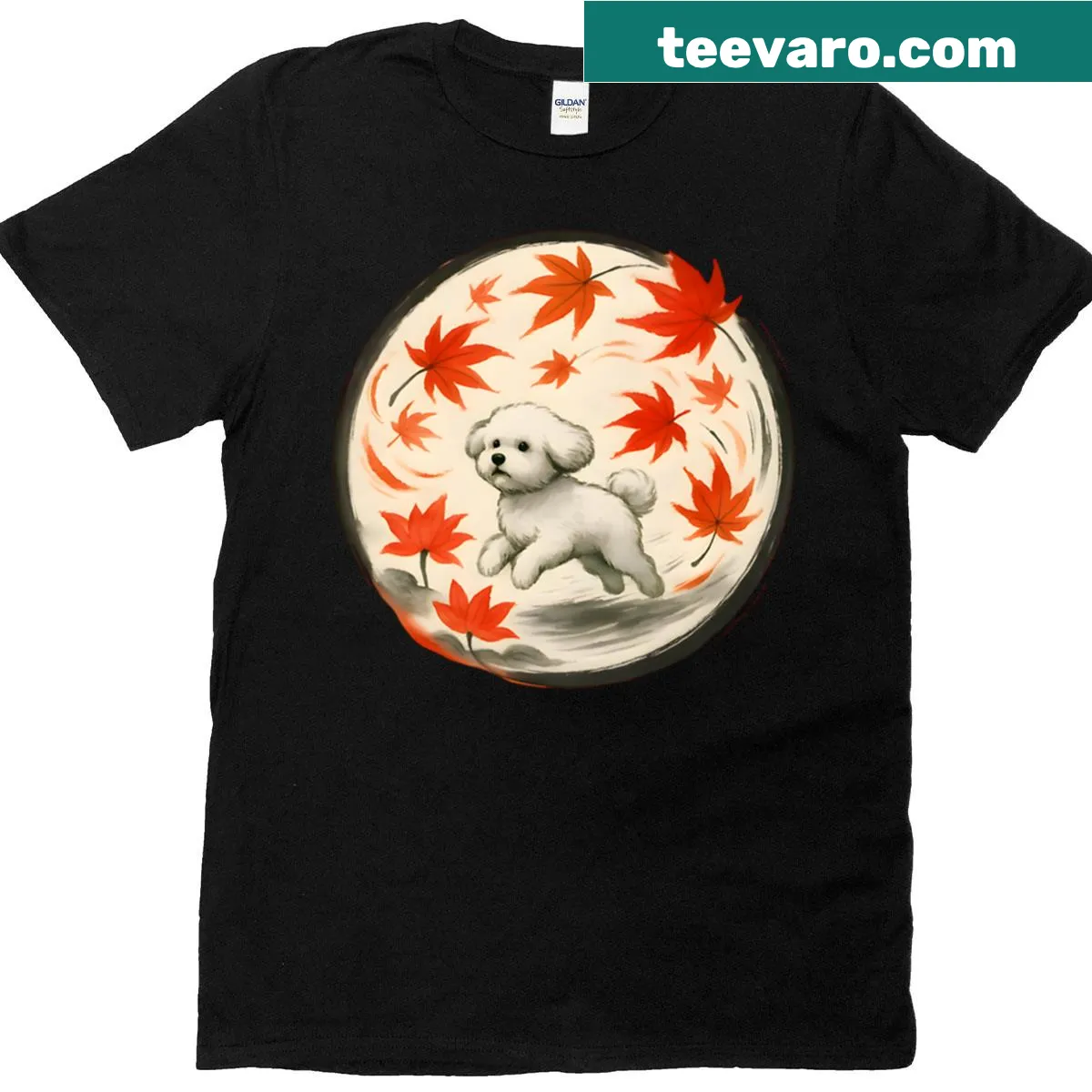 Bichon Frise illustration surrounded by autumn leaves — on a men's t-shirt