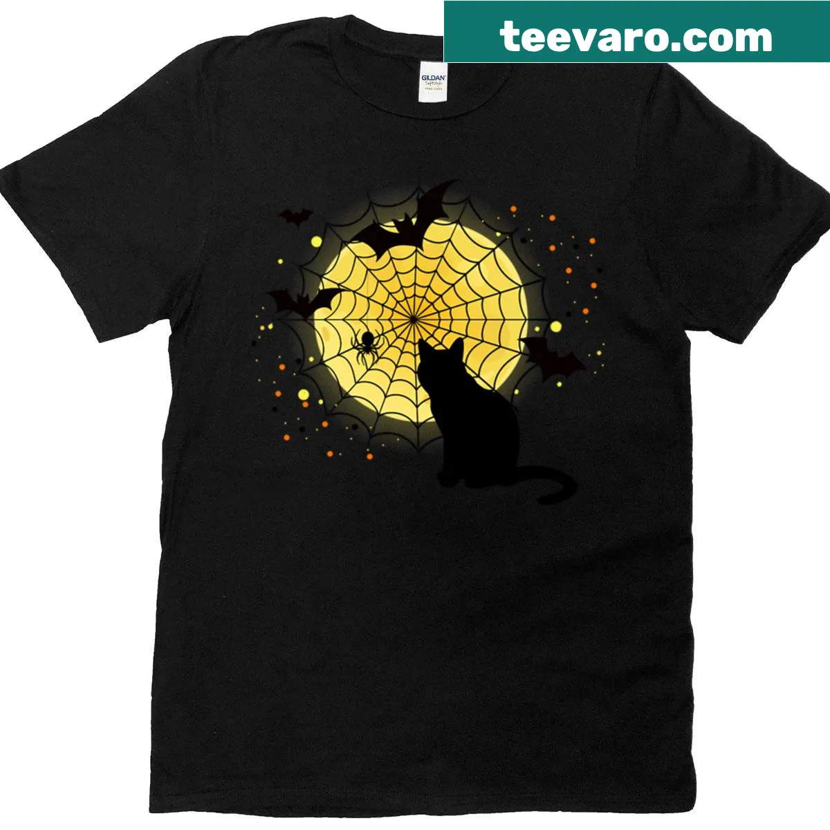Spooky Halloween t-shirt with black cat, moon, and spiderweb design. — on a men's t-shirt