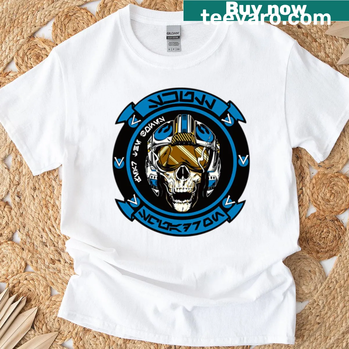 T-shirt featuring a skull and squadron illustration — on a men's t-shirt