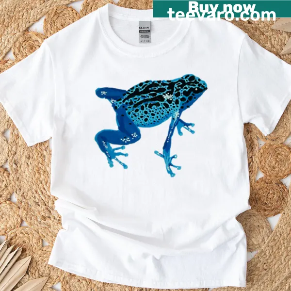 Realistic graphic of a Blue Poison Dart Frog on a casual t-shirt.