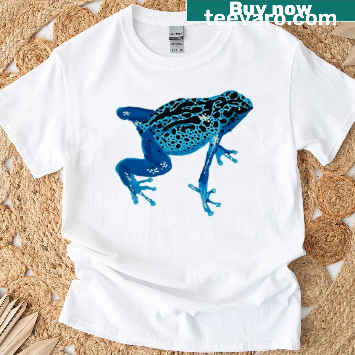 Realistic graphic of a Blue Poison Dart Frog on a casual t-shirt. — on a men's t-shirt