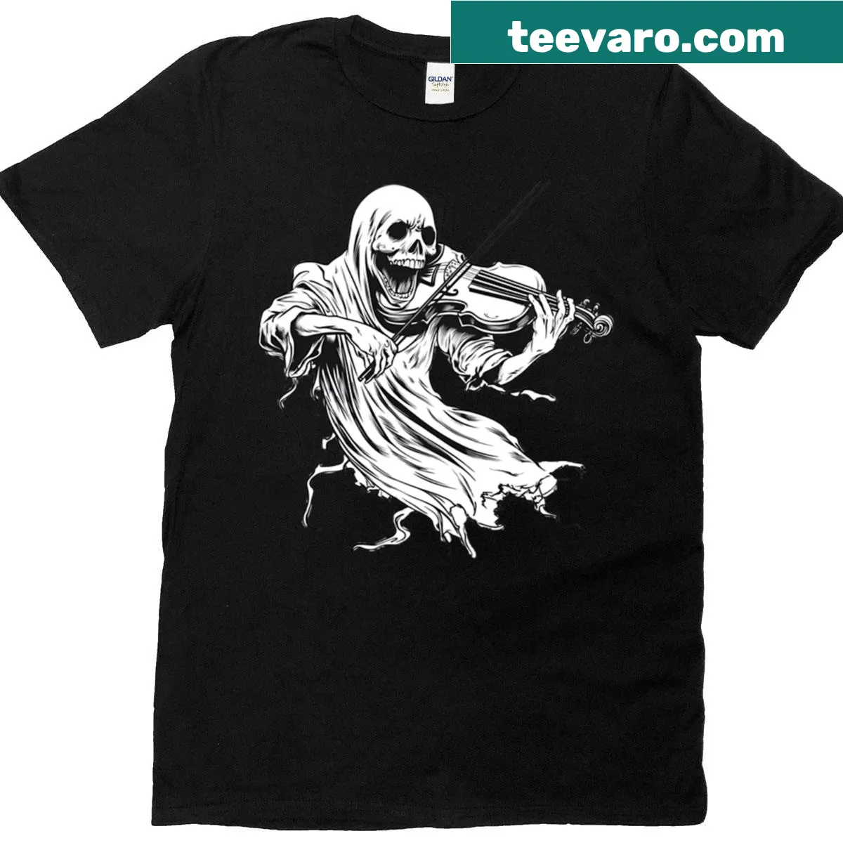 Whimsical skeleton violinist surrounded by skulls in this Halloween-themed shirt — on a men's t-shirt