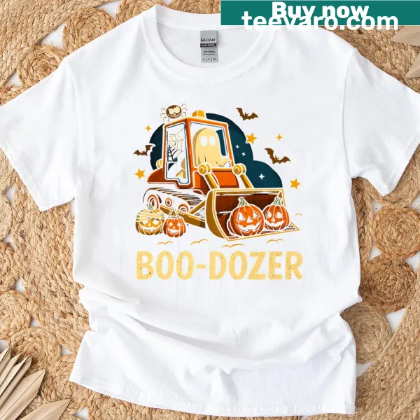 Halloween-themed T-shirt featuring a bulldozer with a ghost and pumpkins
