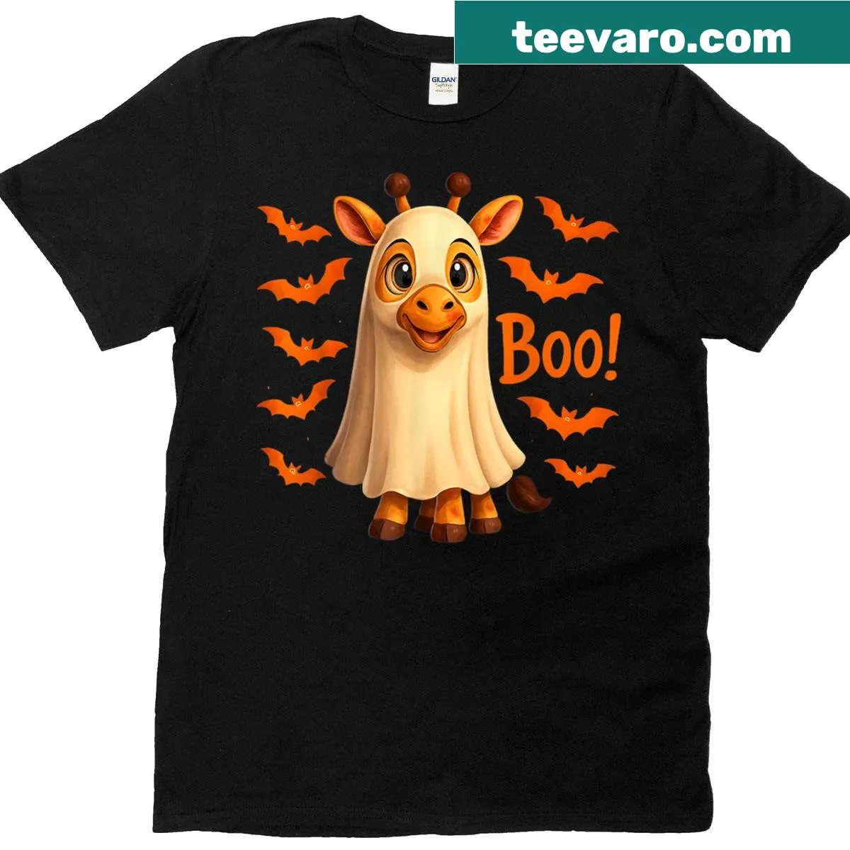 Cartoon giraffe in a ghost costume for Halloween, playful design — on a men's t-shirt