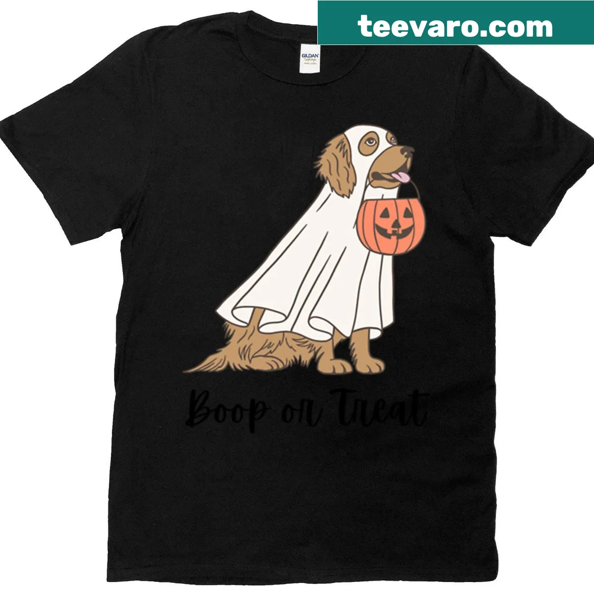 Cute cartoon Golden Retriever Halloween t-shirt with 'Boop Or Treat' text. — on a men's t-shirt