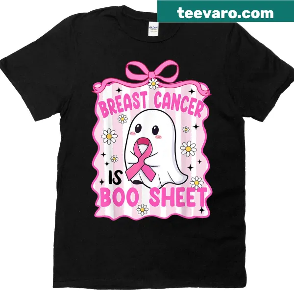 Whimsical Halloween shirt with ghost and floral design promoting breast cancer awareness