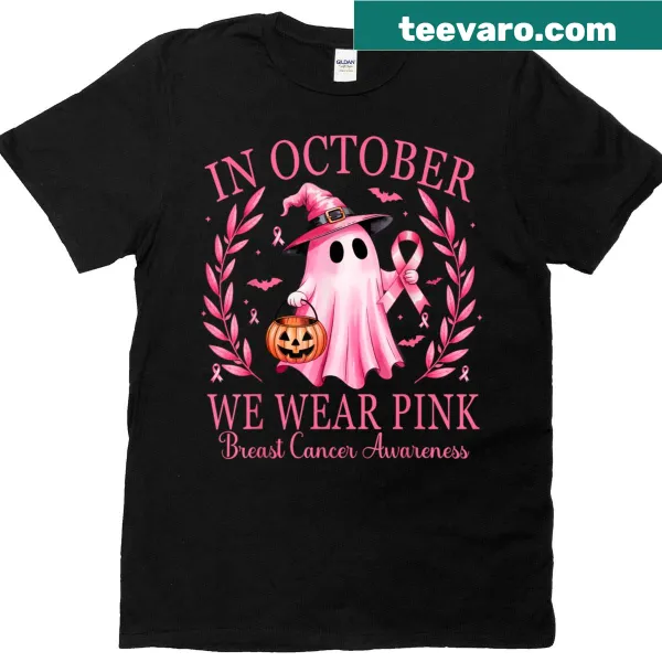 Halloween shirt with ghost and text promoting breast cancer awareness in October