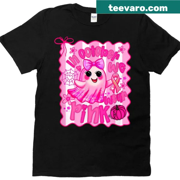 Halloween shirt with text promoting wearing pink for breast cancer awareness