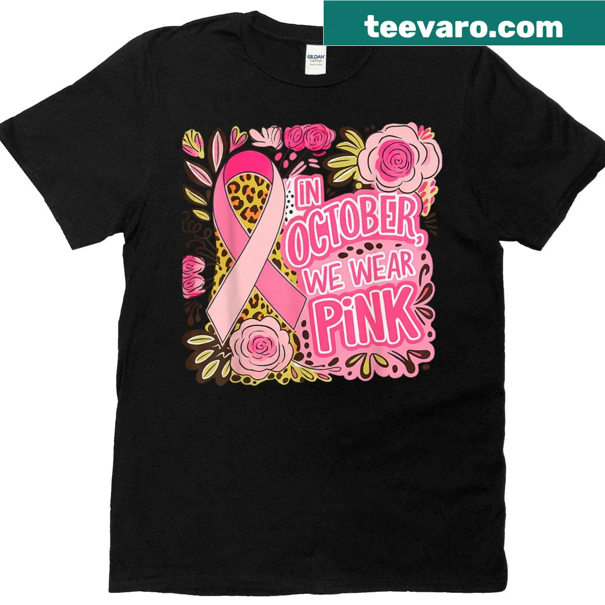 Awareness t-shirt with 'In October We Wear Pink' text — on a men's t-shirt
