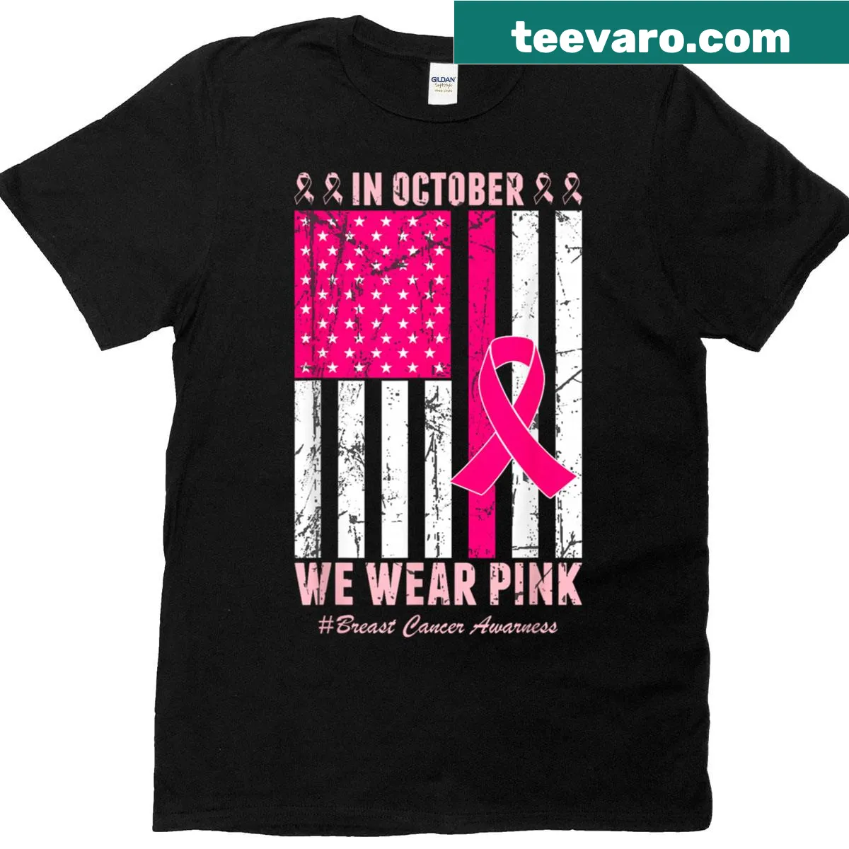 T-shirt supporting breast cancer awareness with USA flag and pink — on a men's t-shirt