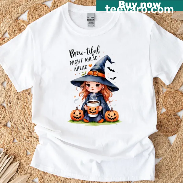 Cute Halloween shirt with a witch, coffee, and pumpkins
